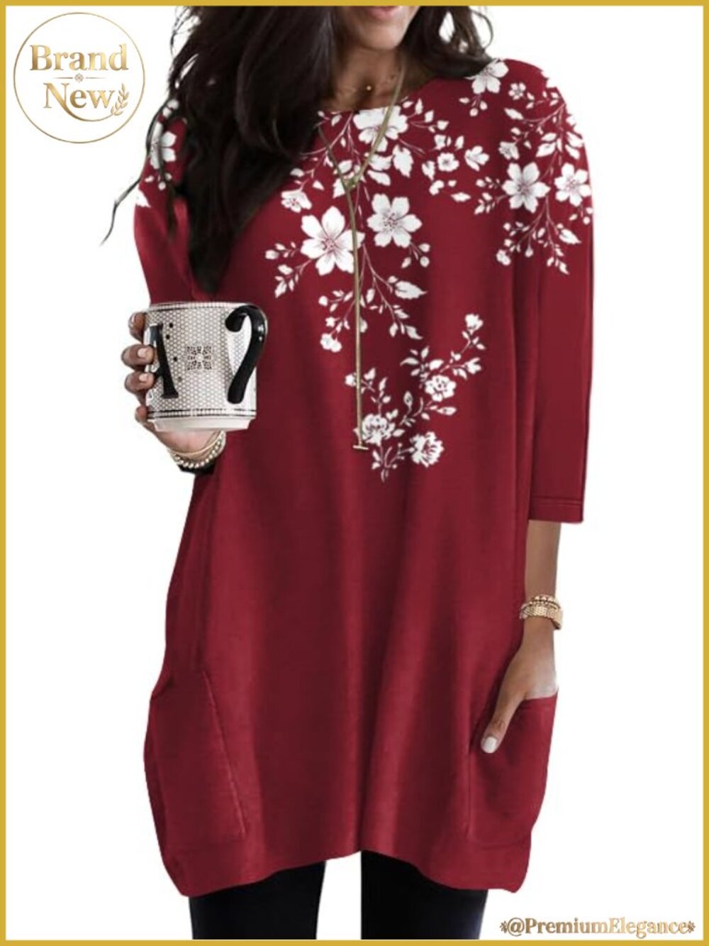 3/4 Sleeve Loose Fit Tunic Tops for Women with Pockets